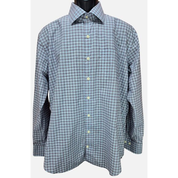 Peter Millar Mens Blue Check Long Sleeve Button-Down Shirt Large - Picture 1 of 7